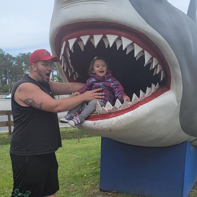 Dad and Graycie in shark mouth